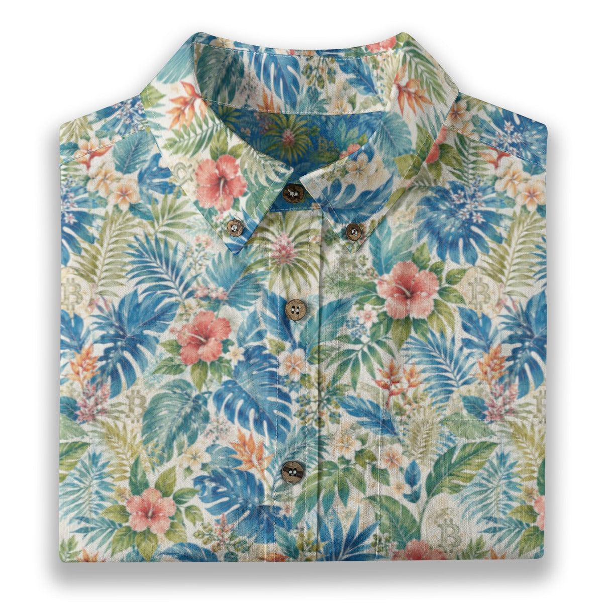 Hawaiian shirt with tropical leaf and flower pattern on a white background