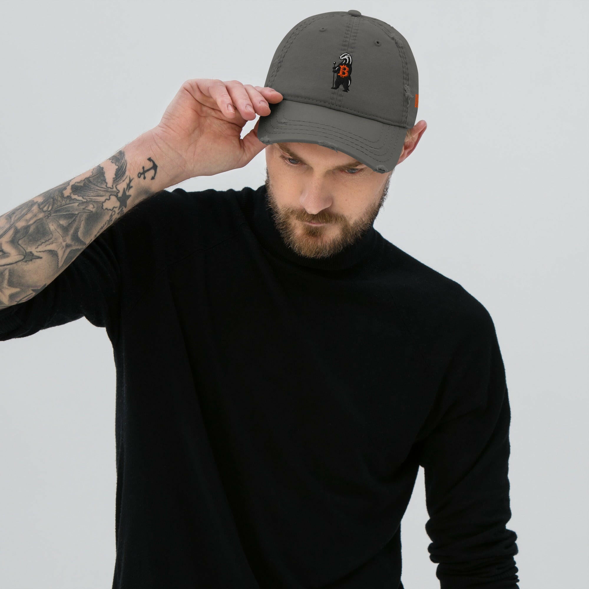 HONEY BADGER / Distressed Bitcoin Dad Hat - SVRN_T Hats - The Orange Habit