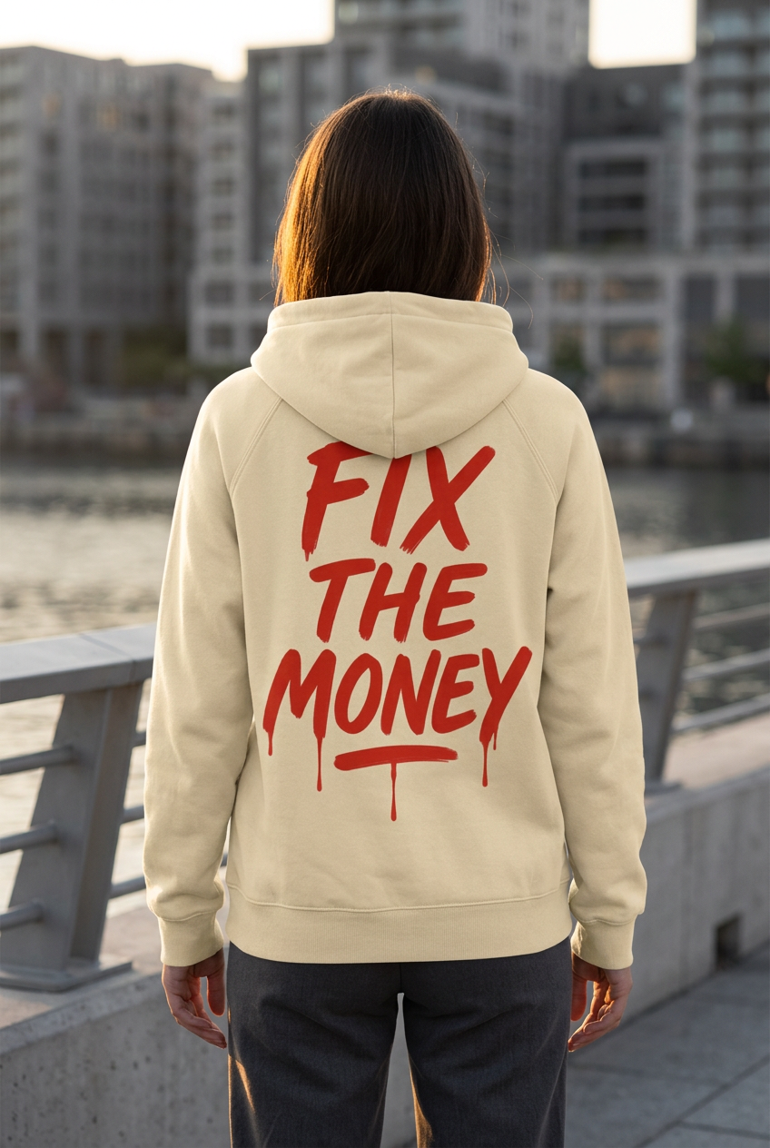 Rear view of the apricot Fix The Money hoodie with red brush-lettered back graphic beside the waterfront.