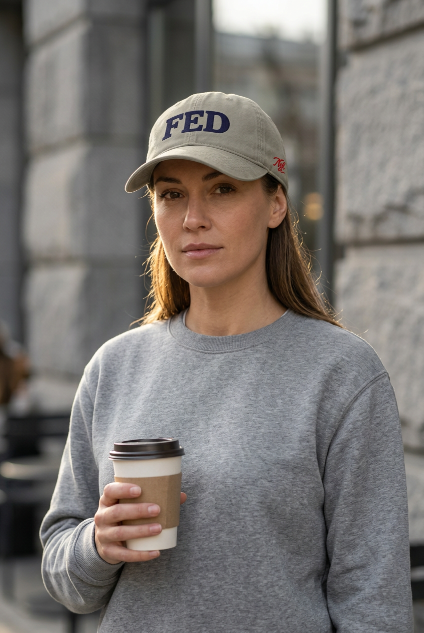 Model holding coffee outside a cafe in the Sandstone Not A FED Sunwashed Cap with navy embroidery and red side script.