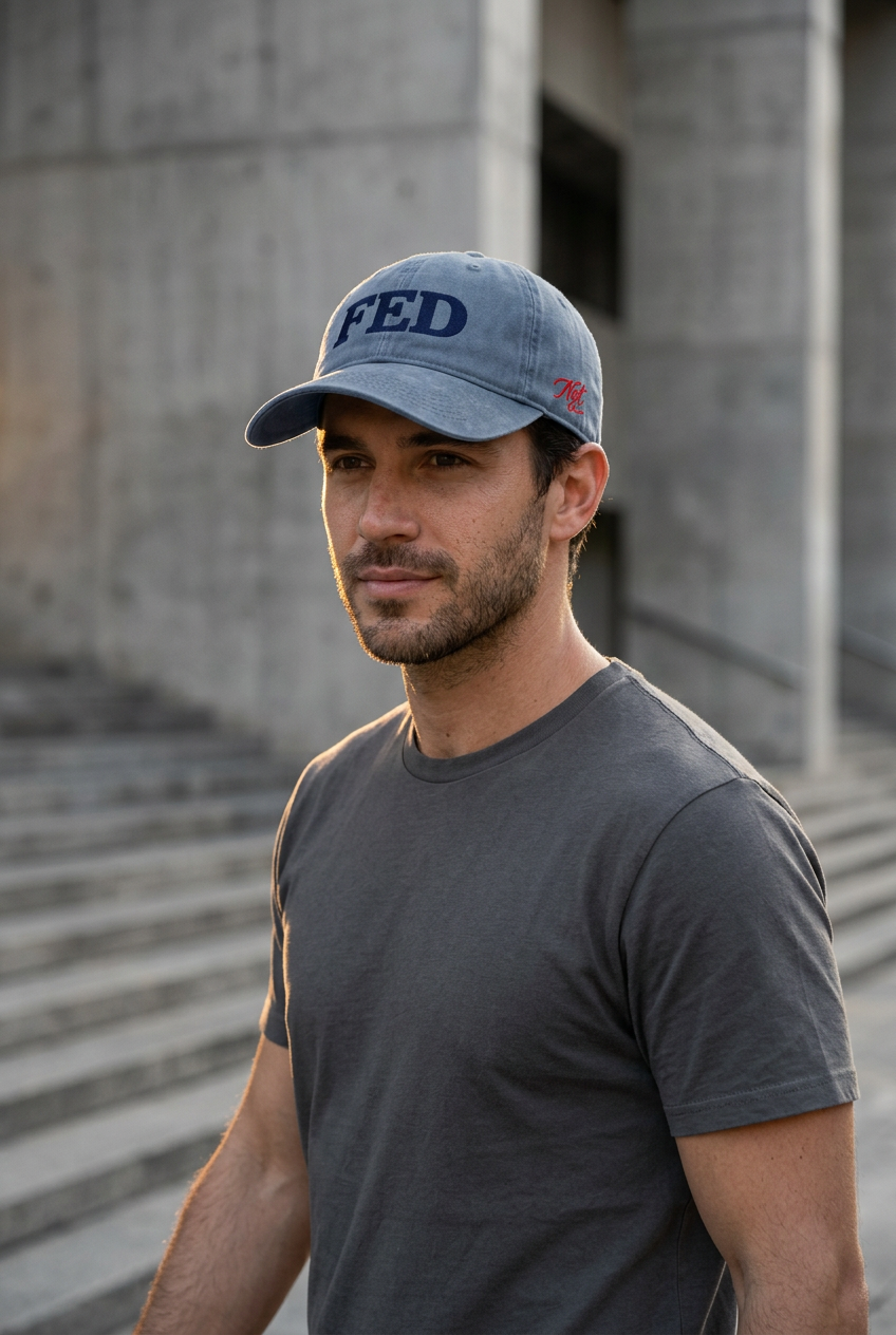 Model wearing the Denim Not A FED Sunwashed Cap with navy front embroidery beside gray concrete buildings.