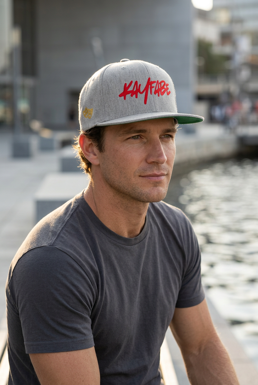 Model wearing the Heather Grey Kayfabe snapback with red script embroidery and green undervisor beside the waterfront.
