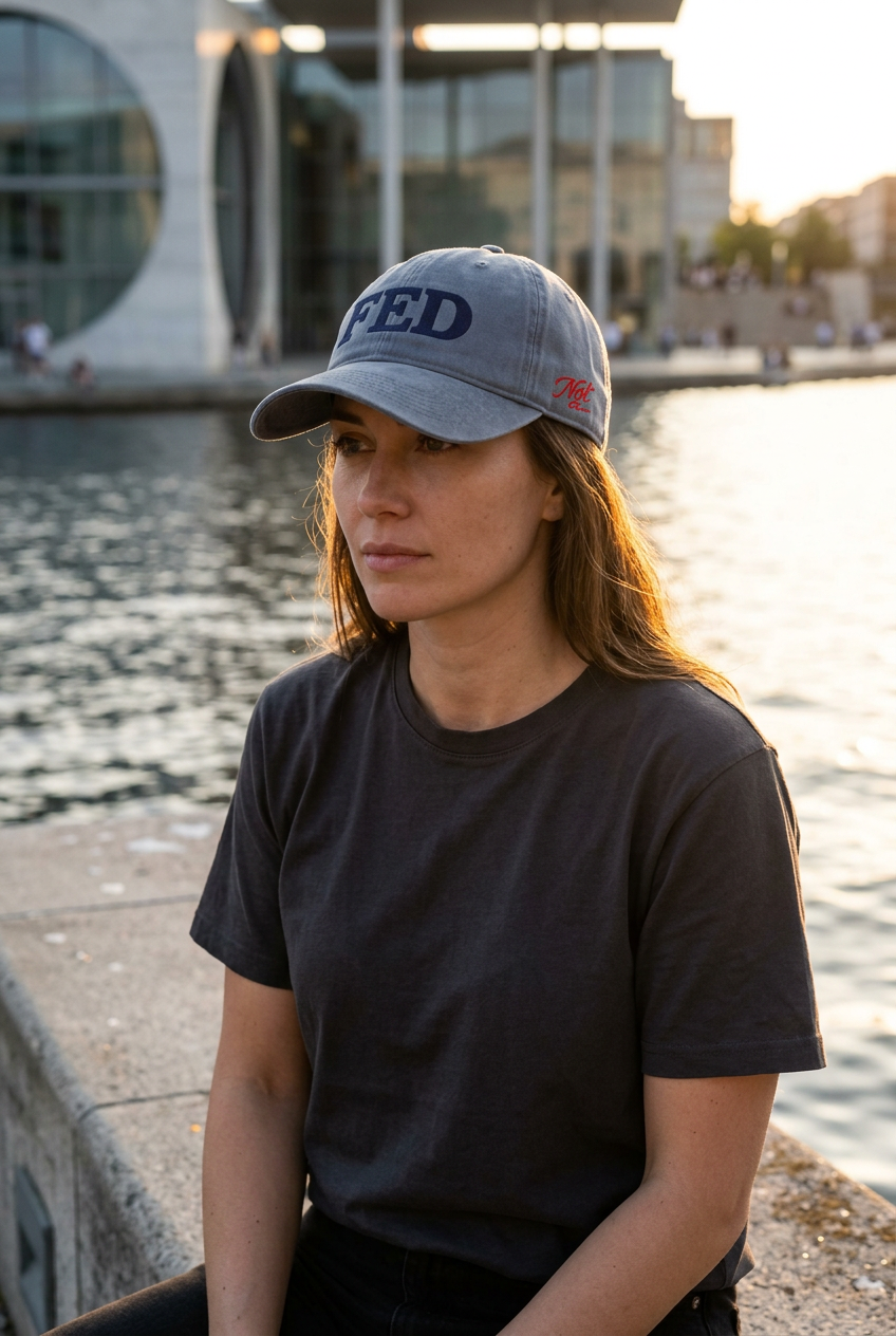 Model seated by the waterfront wearing the Denim Not A FED Sunwashed Cap with navy FED lettering and red side embroidery.
