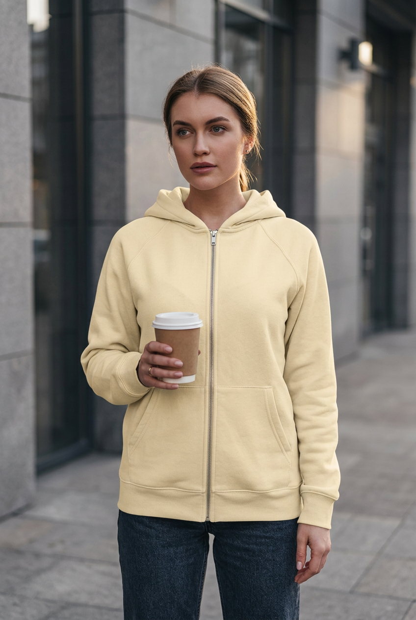 Model holding coffee in the apricot zip-up fleece hoodie, showing its plain front and split pockets.