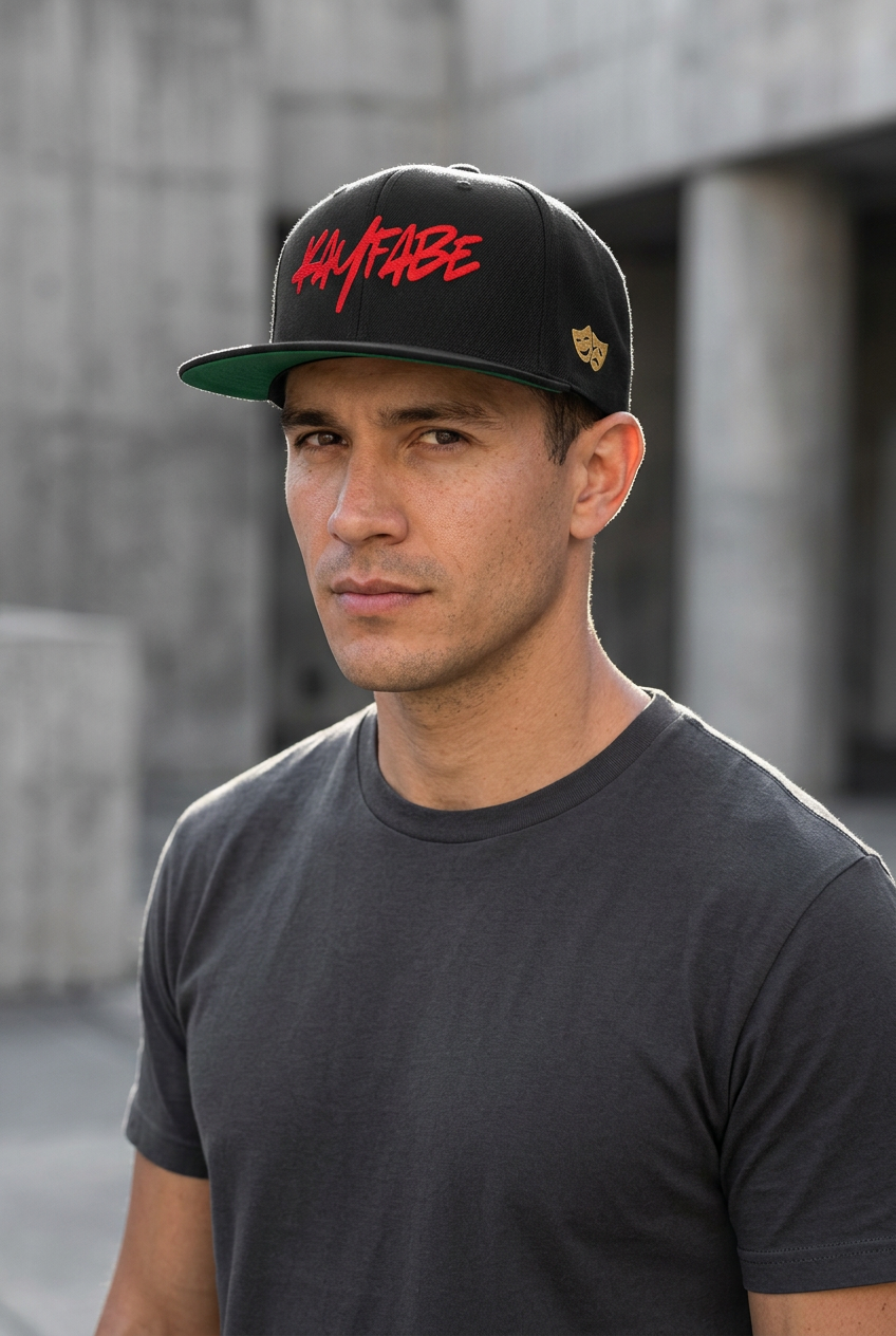 Model wearing the Black Kayfabe snapback with red script and gold theater-mask embroidery beside concrete buildings.