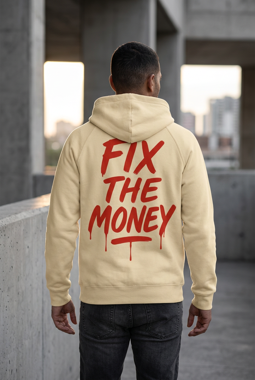 Model wearing the apricot Fix The Money zip-up hoodie, showing the red back graphic beside concrete buildings.