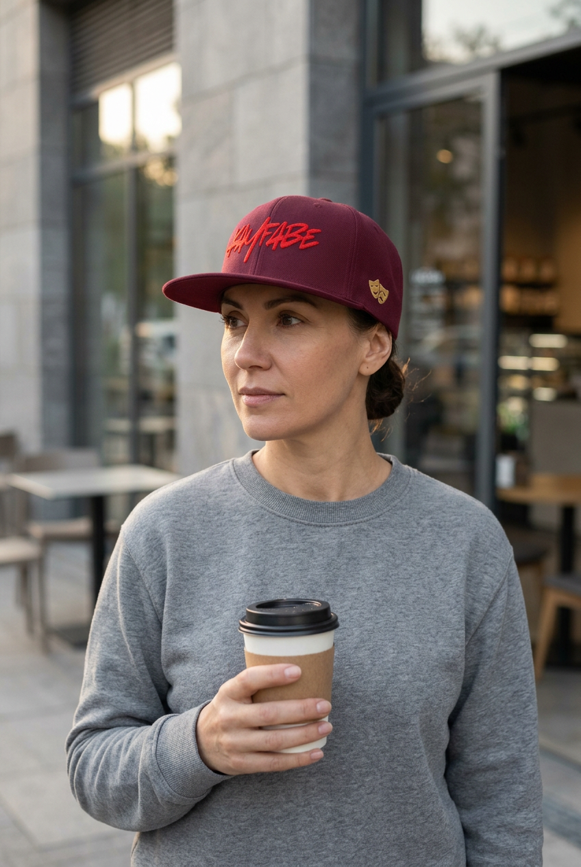 Model holding coffee outside a cafe in the Maroon Kayfabe snapback with red front embroidery and a flat brim.