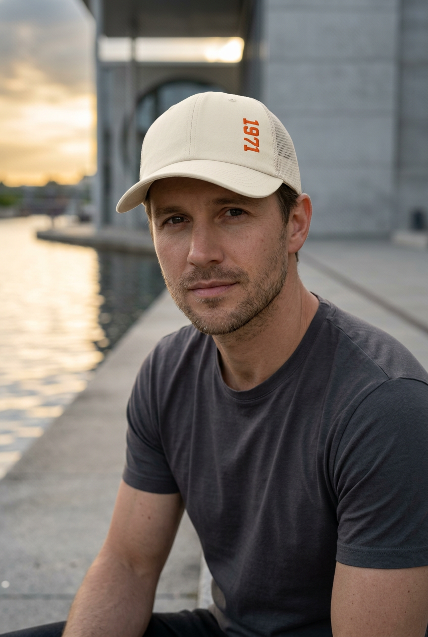Ivory 1971 trucker cap waterfront lifestyle portrait