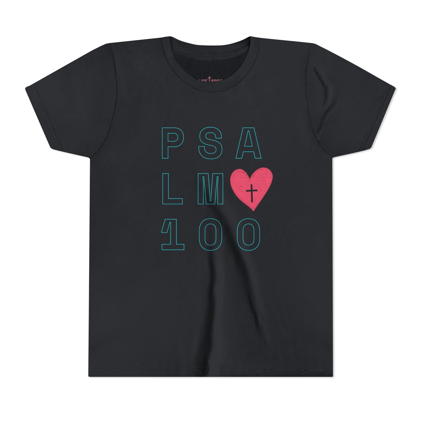 Black kids' t-shirt with 'Psalm 100' design on a white background