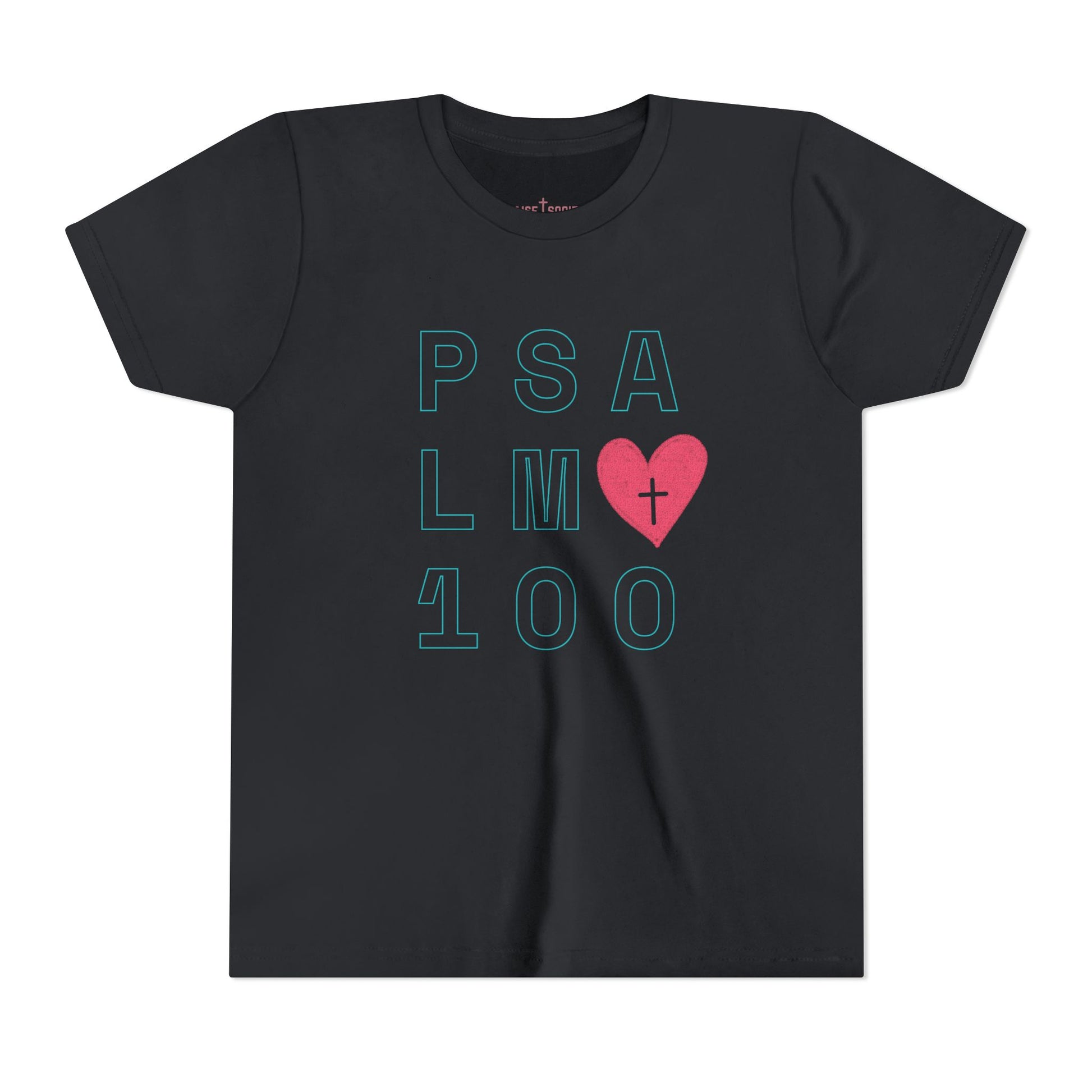 Black kids' t-shirt with 'Psalm 100' design on a white background