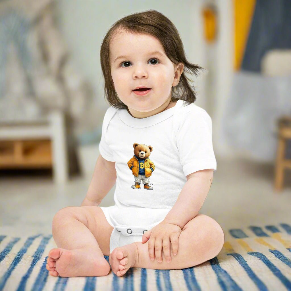 Baby boy a Bearish Bitcoin Onesie sitting on the floor in his room - Lil'B - The Orange Habit