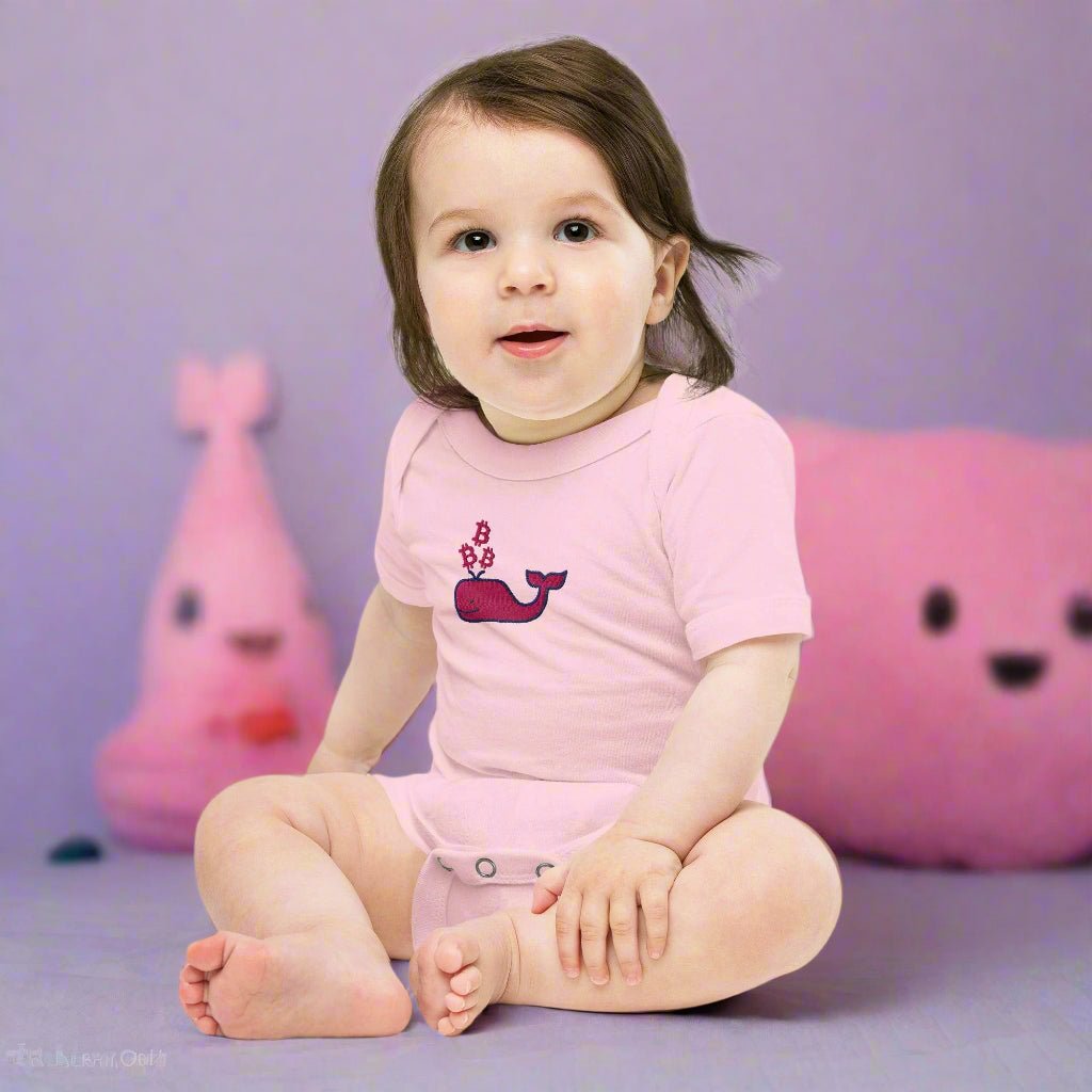 baby wearing a Bitcoin Whale Pink Embroidered Onesie - Lil'B - The Orange Habit