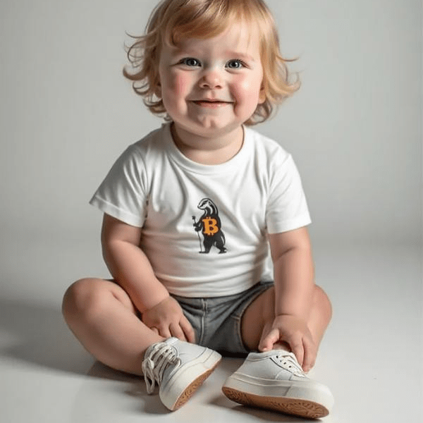 Child wearing a white t-shirt with the bitcoin honey badger by lil'B on a plain background
