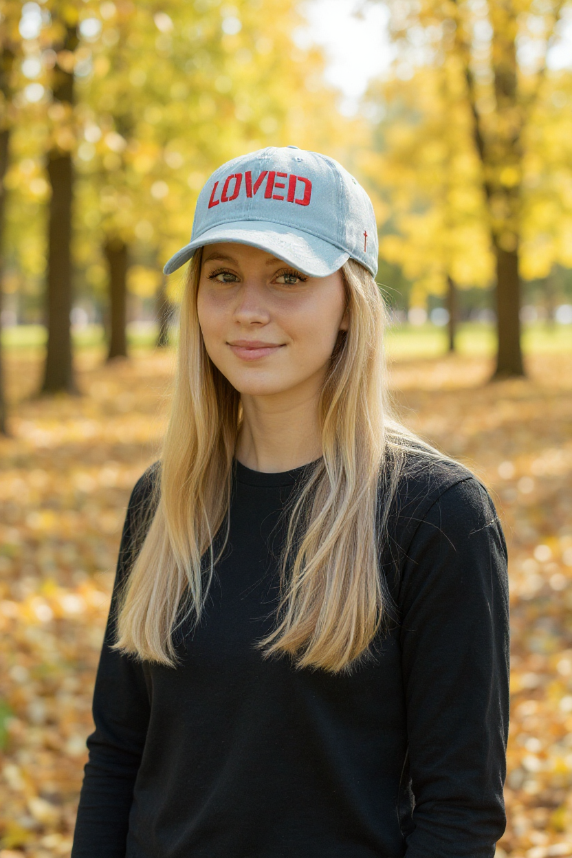 Woman wearing a cap with 'LOVED' text in an outdoor setting with trees and fallen leaves.