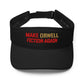 Black visor with 'MAKE ORWELL FICTION AGAIN' text on a white background