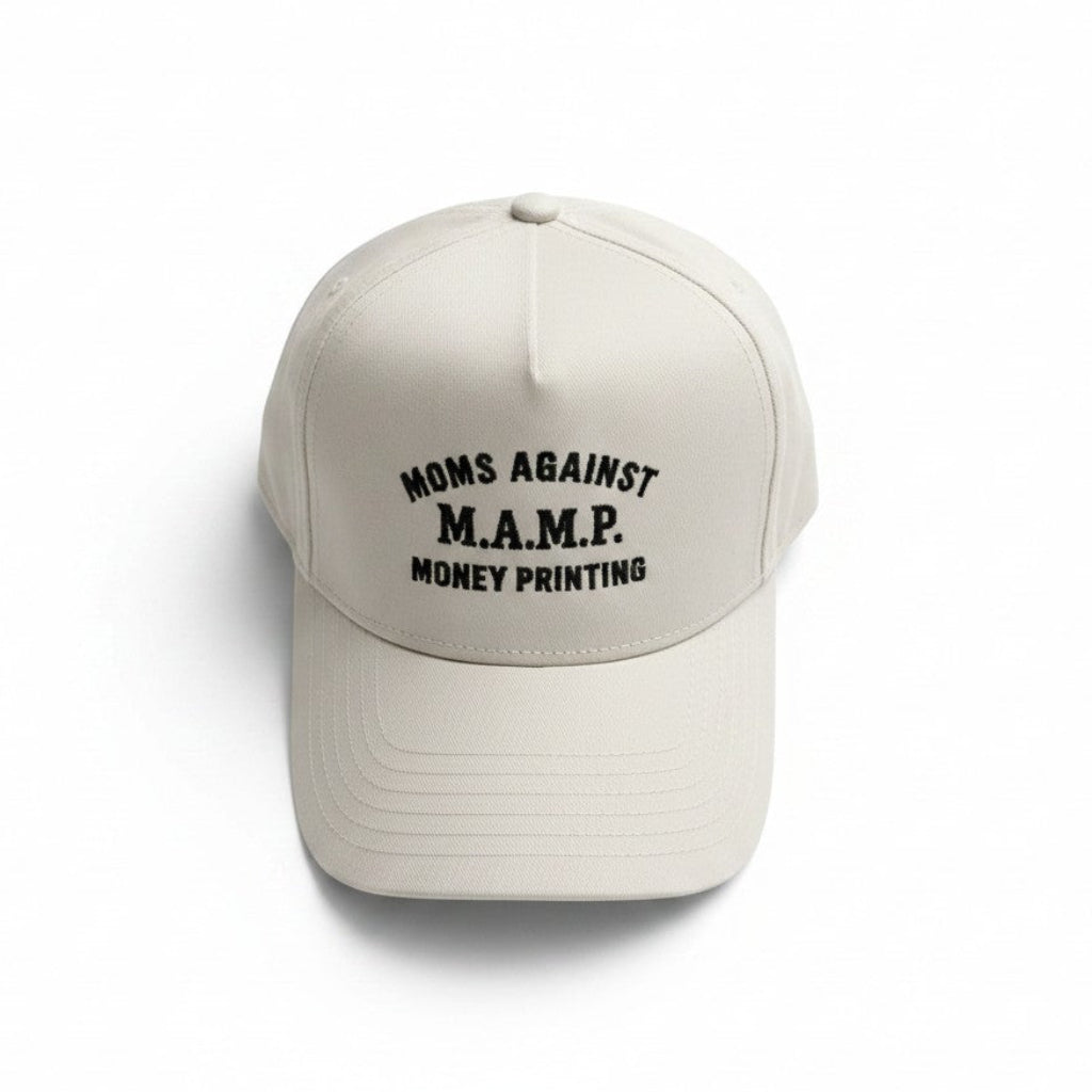 Beige cap with text 'Moms Against Money Printing' on a white background