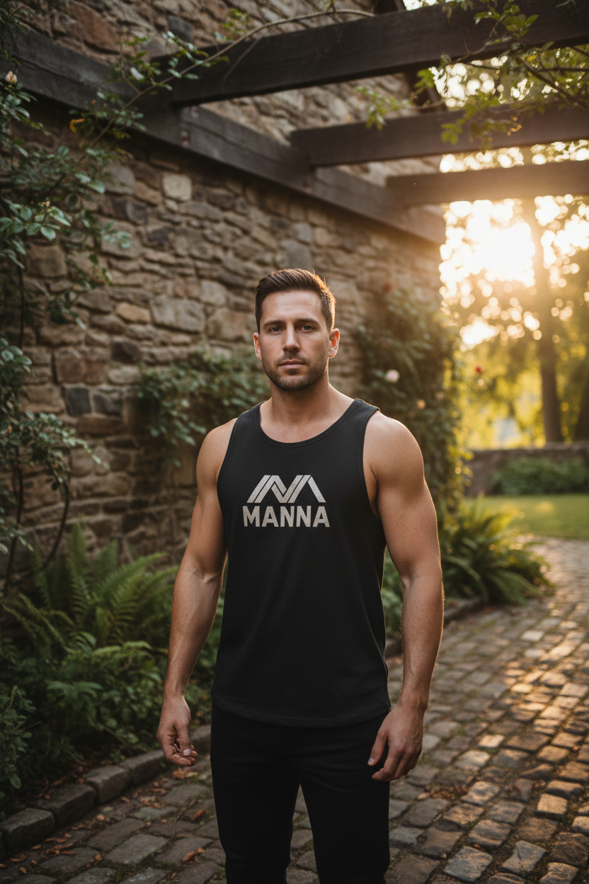 Black tank top with 'Manna' logo on a white background
