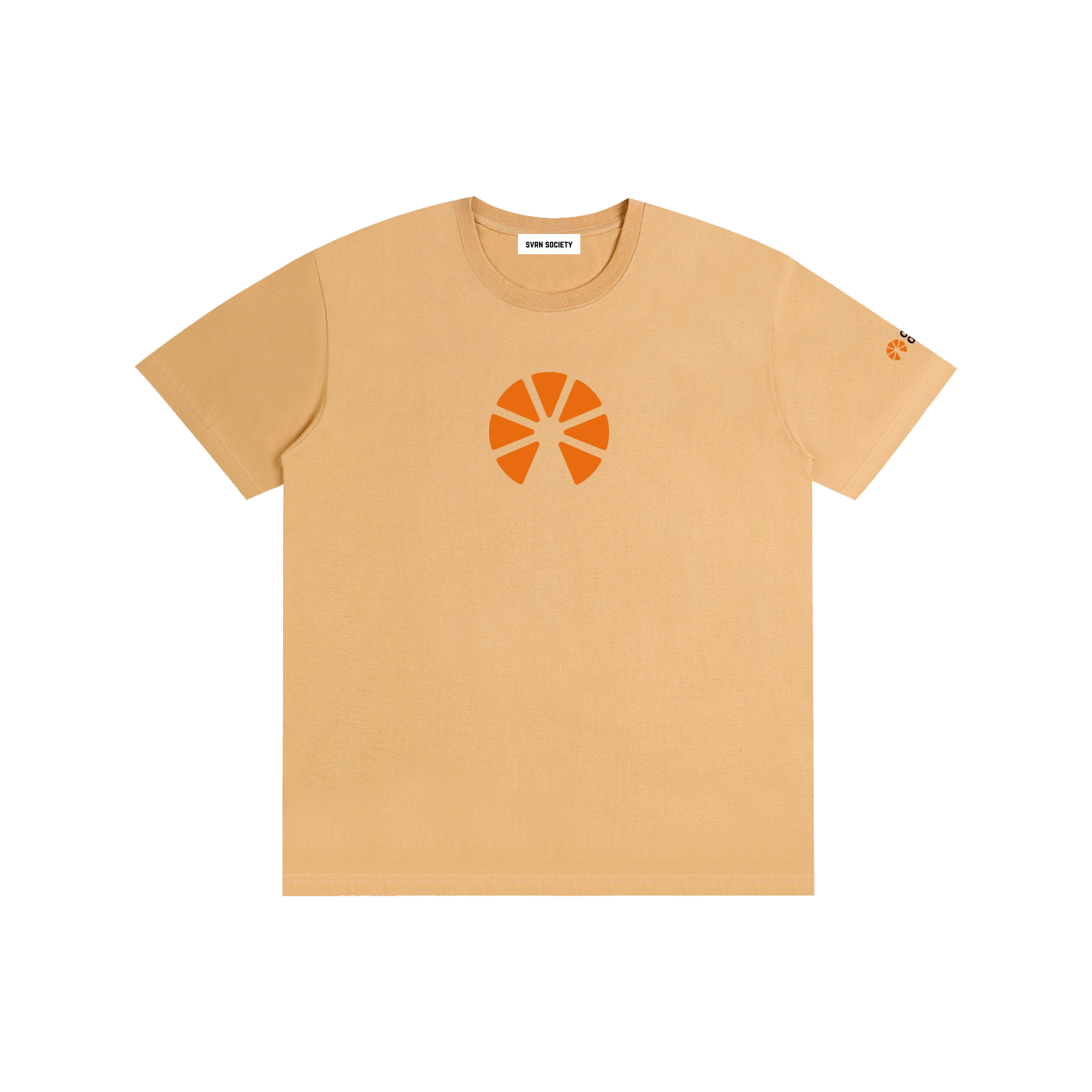 Beige t-shirt with orange logo on a white background