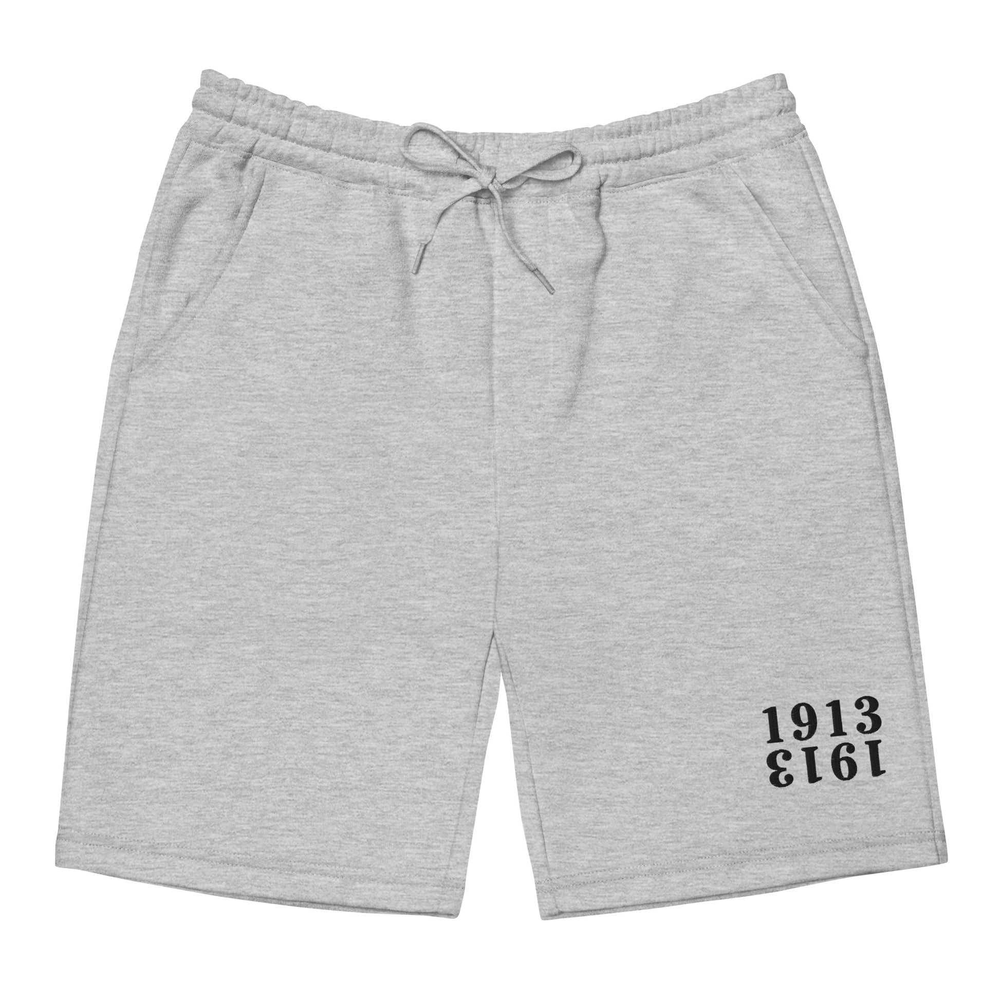 Gray shorts with a black 1913 logo on a white background