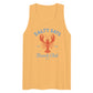 A sleeveless Bitcoin tank top in a warm golden yellow color, featuring a graphic print of a red lobster with blue text that reads 'SALTY SATS Beach Club BTC'.