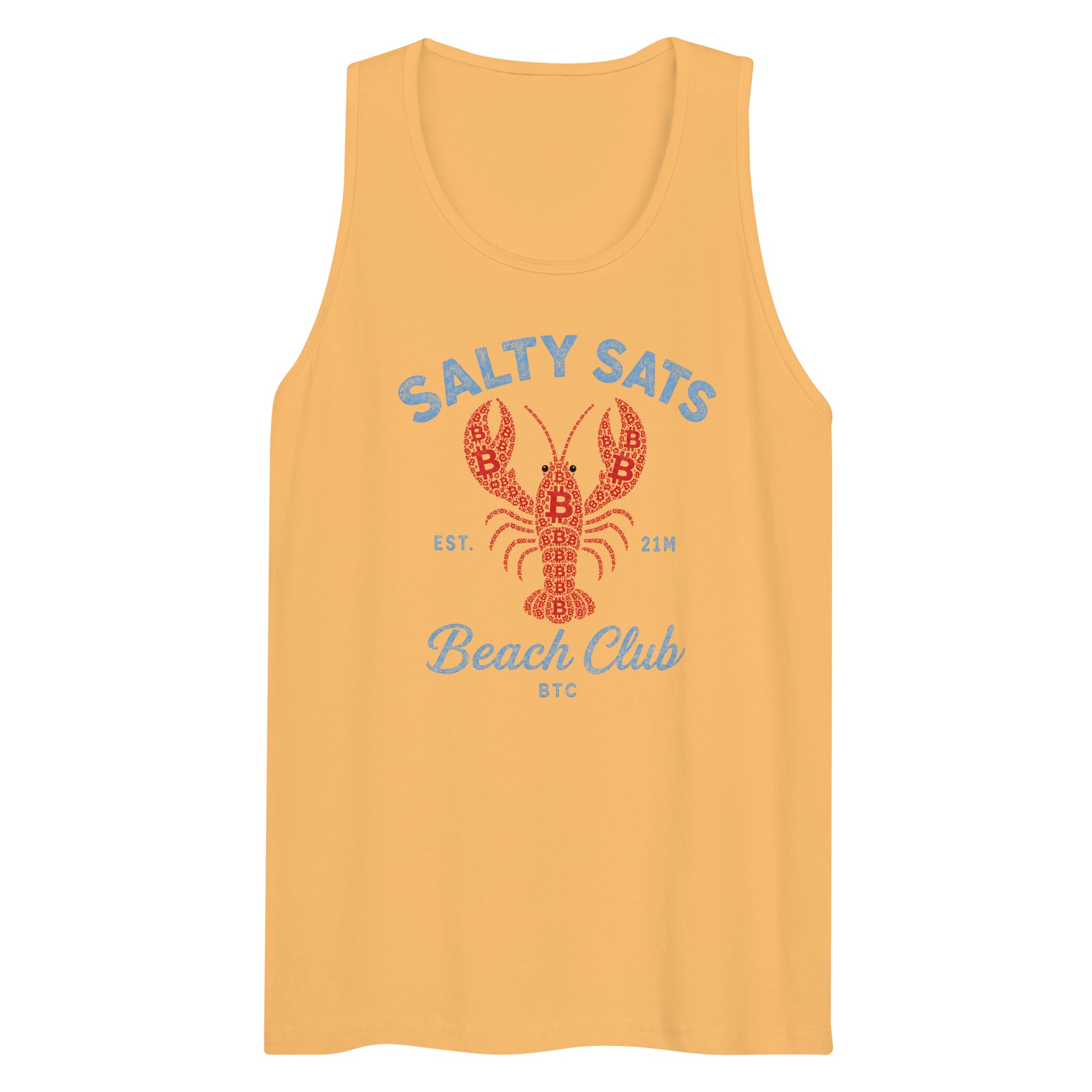 A sleeveless Bitcoin tank top in a warm golden yellow color, featuring a graphic print of a red lobster with blue text that reads 'SALTY SATS Beach Club BTC'.