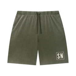 Green Bitcoin shorts with a Satoshi Nakamoto logo on a white background