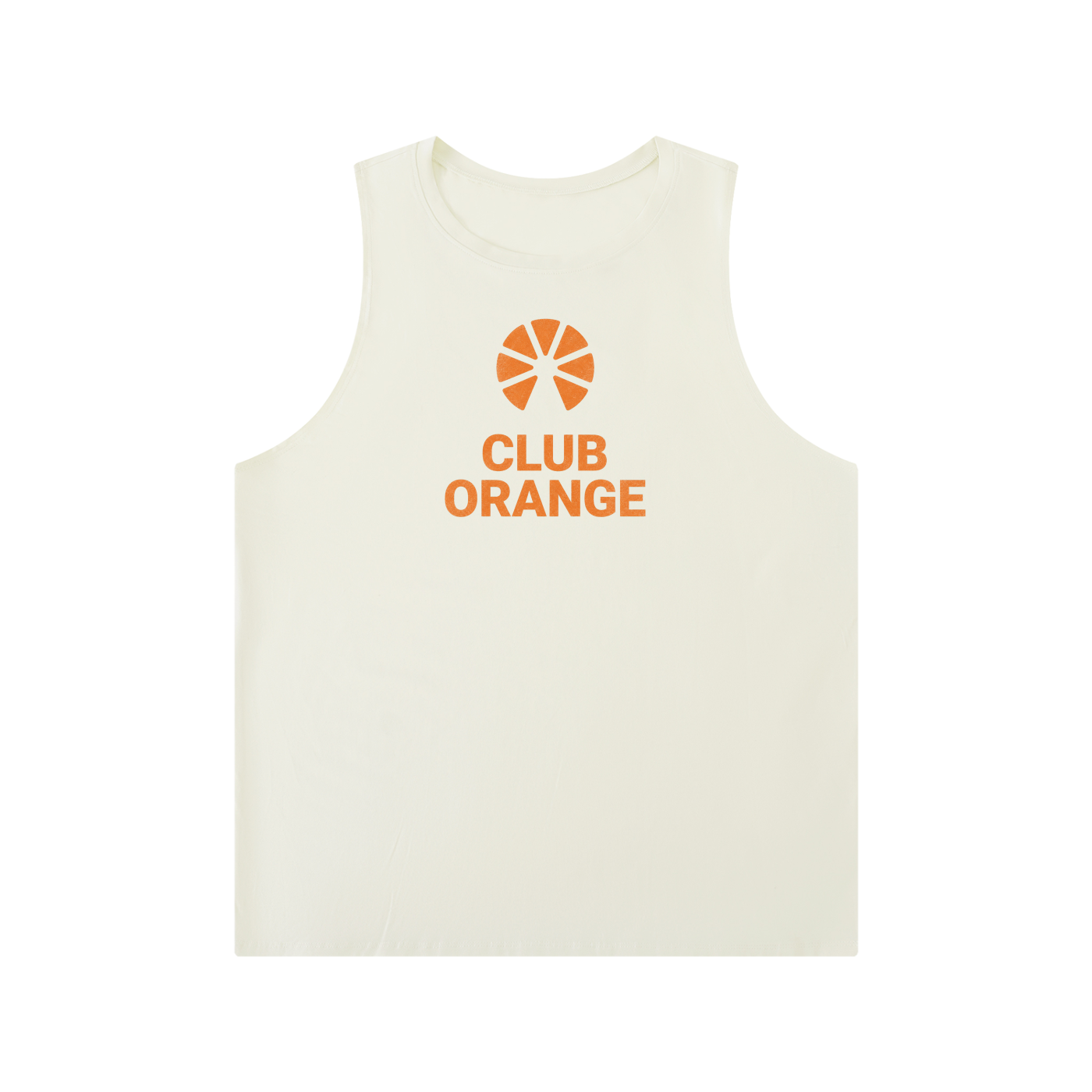 White tank top with 'Club Orange' logo on a white background