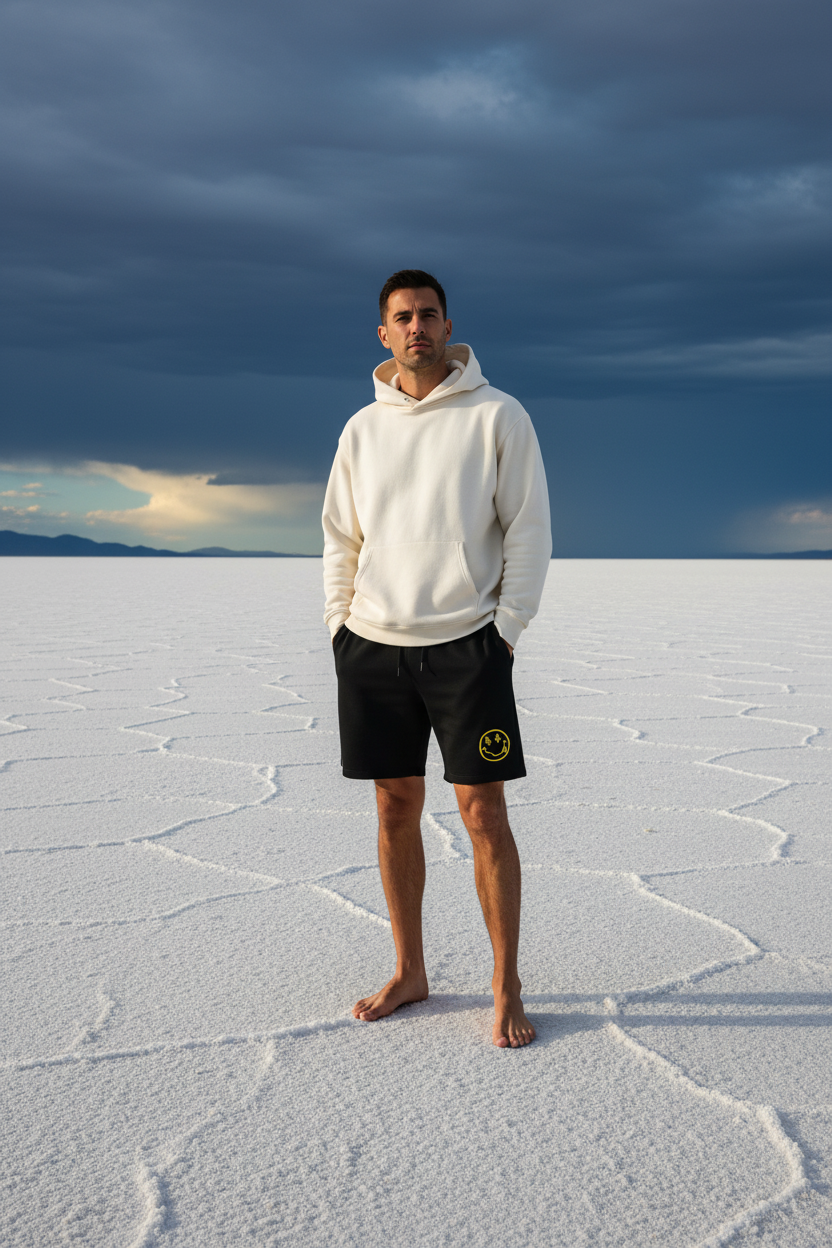 Man wearing satoshi smiles black shorts standing on a salt flat with a dark sky and mountains in the background - SVRN Society