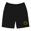 Black satoshi smiles men's bitcoin shorts with a yellow smiley face logo on a white background