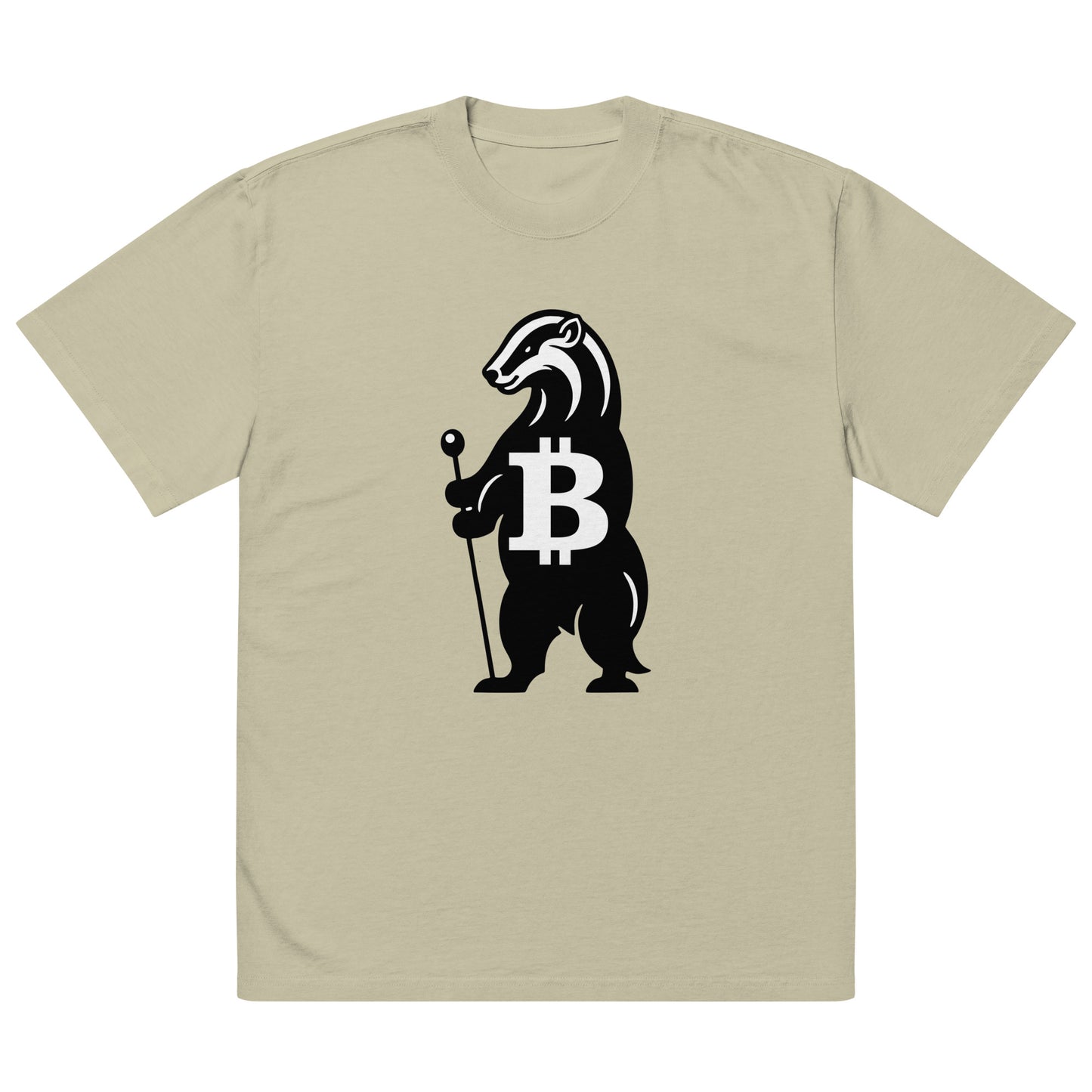 Beige green oversized t-shirt with a honey badger holding a Bitcoin symbol on a white background - SVRN Society