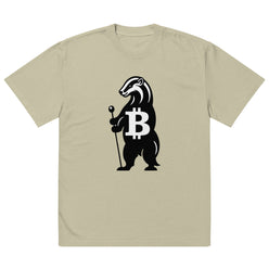 Beige green oversized t-shirt with a honey badger holding a Bitcoin symbol on a white background - SVRN Society