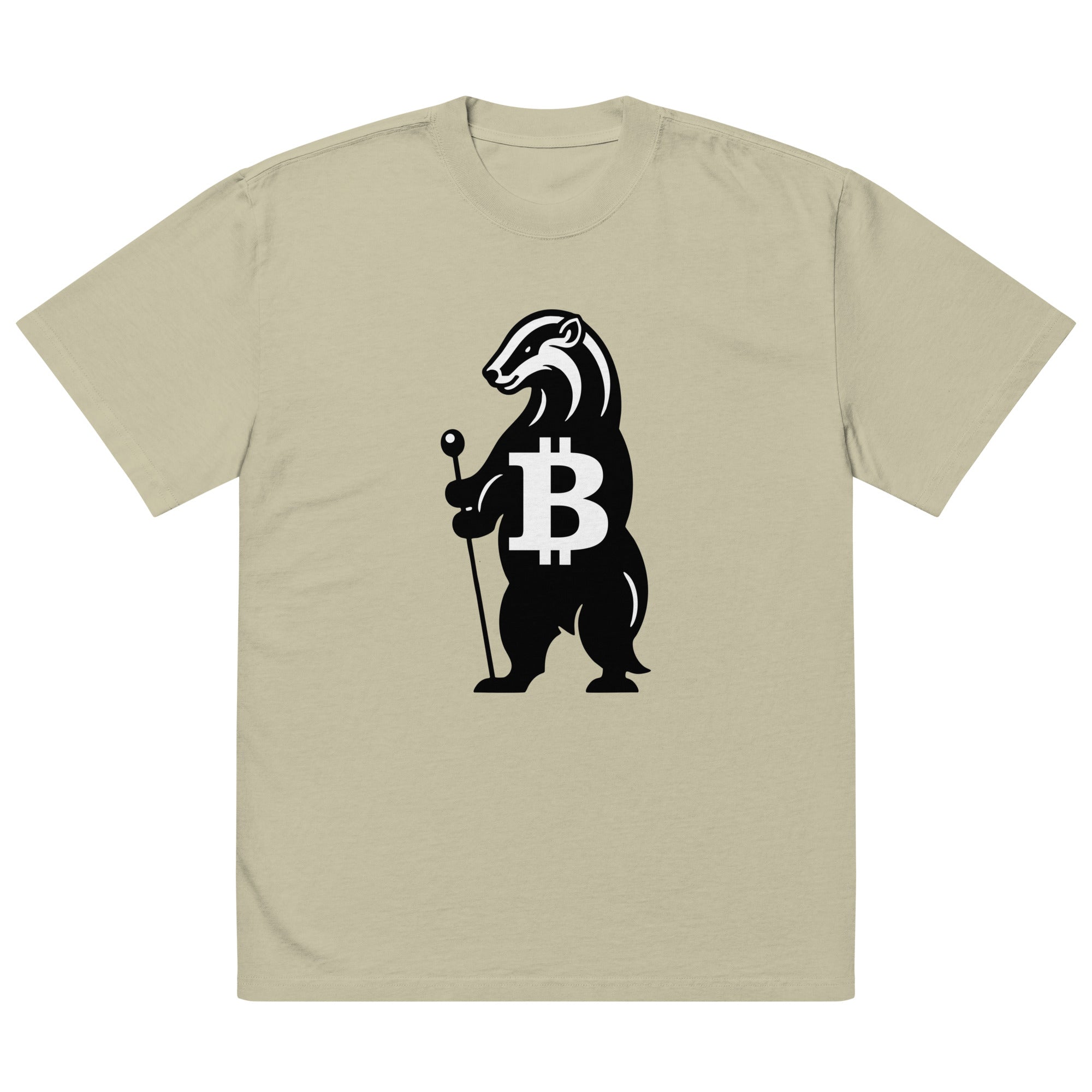 Beige green oversized t-shirt with a honey badger holding a Bitcoin symbol on a white background - SVRN Society