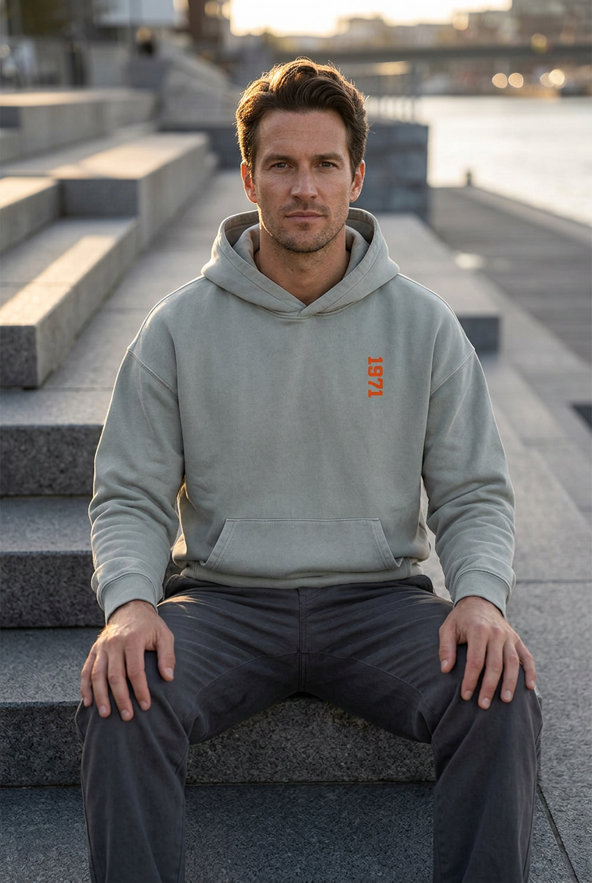 Misty Grey hoodie waterfront lifestyle