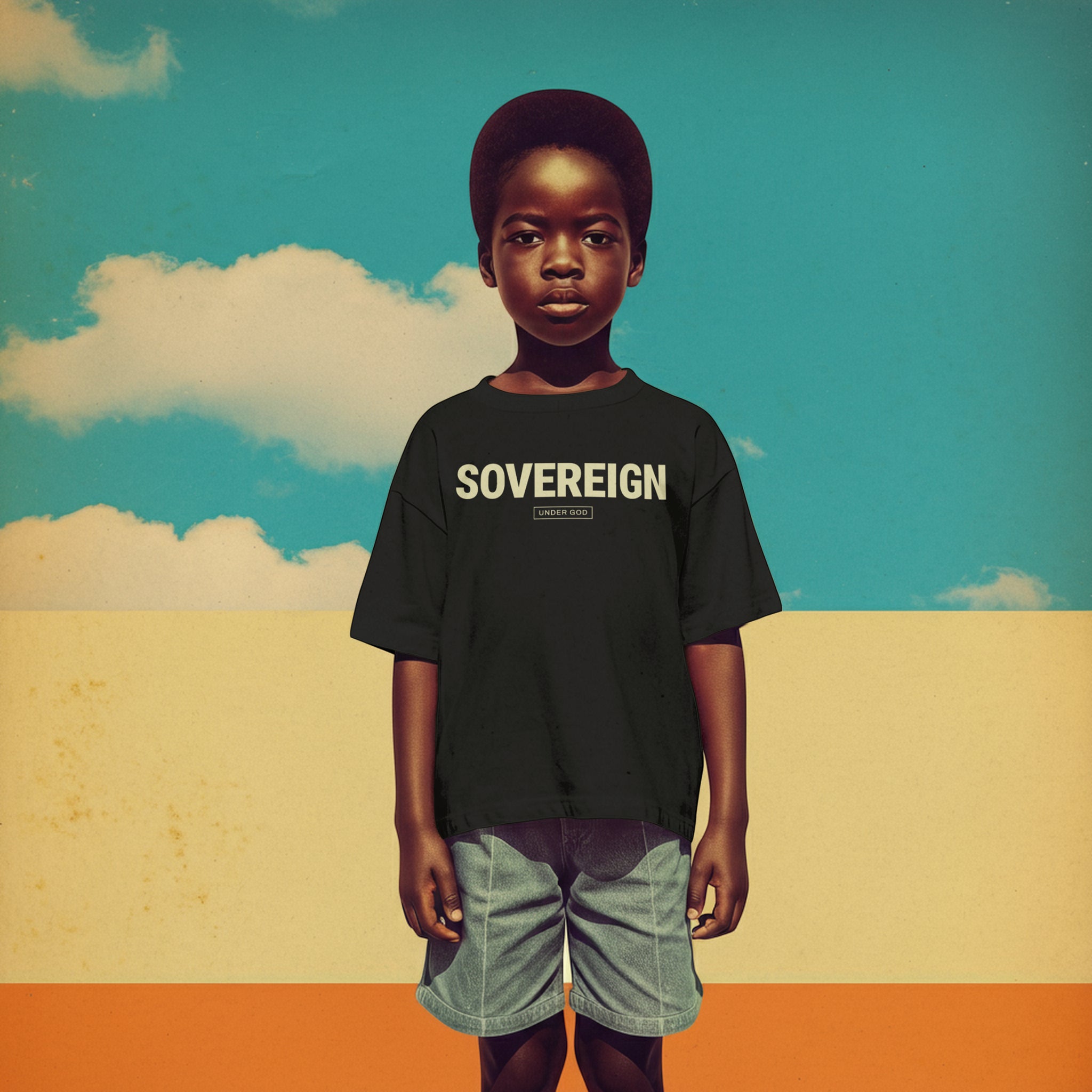 Child wearing a Christian t-shirt with 'SOVEREIGN' under God text against a stylized sky and ground background