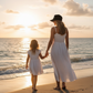 Woman and child in white dresses walking on a beach at sunset.