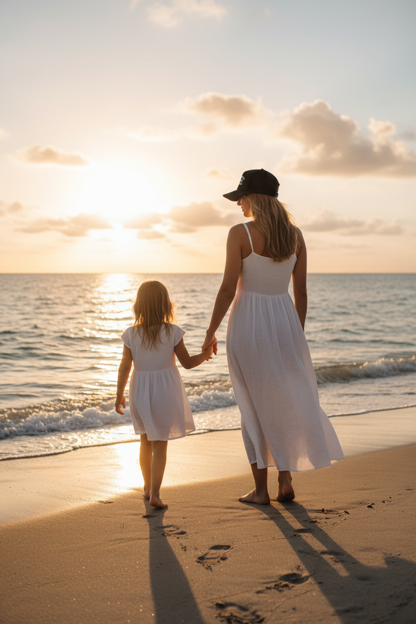 Woman and child in white dresses walking on a beach at sunset.
