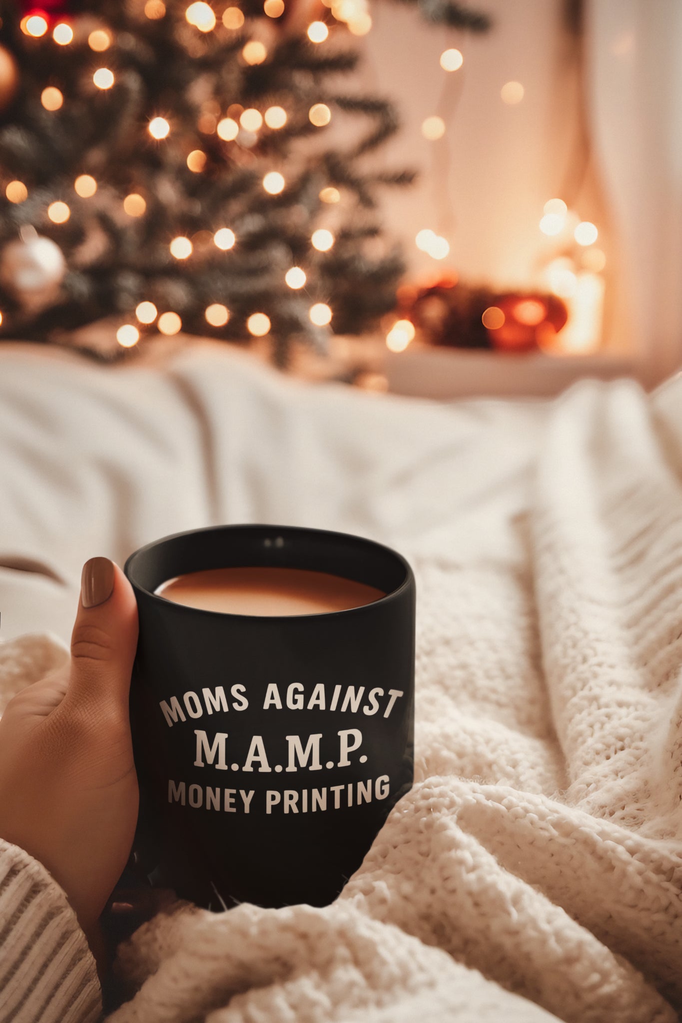 Person holding a bitcoin mug that says moms against money printing in front of a decorated Christmas tree.
