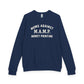 (Navy) blue sweatshirt with white text on a white background 