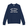 (Navy) blue sweatshirt with white text on a white background 