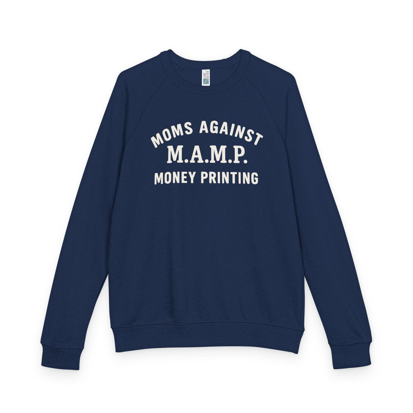 (Navy) blue sweatshirt with white text on a white background 