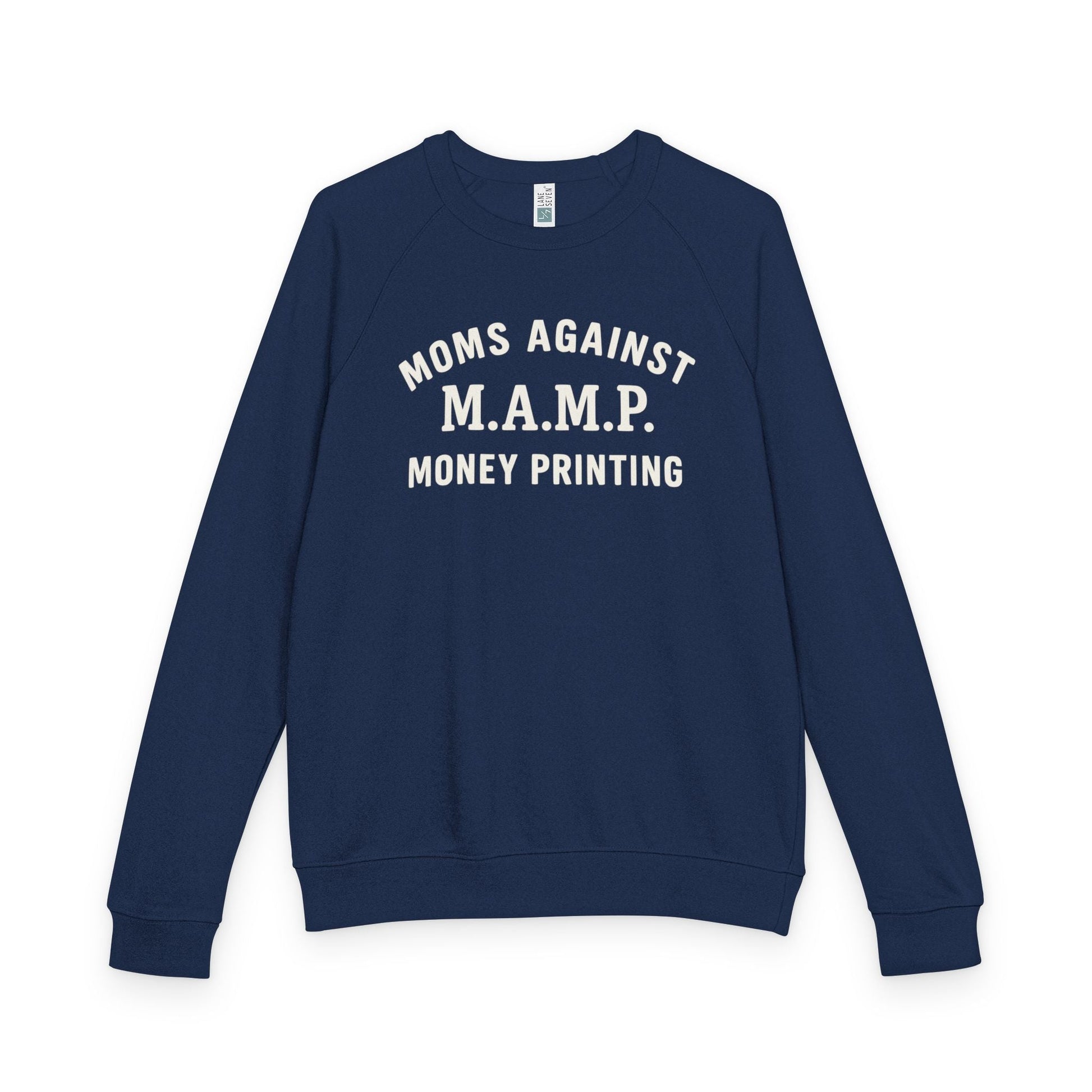 (Navy) blue sweatshirt with white text on a white background 