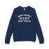 (Navy) blue sweatshirt with white text on a white background 