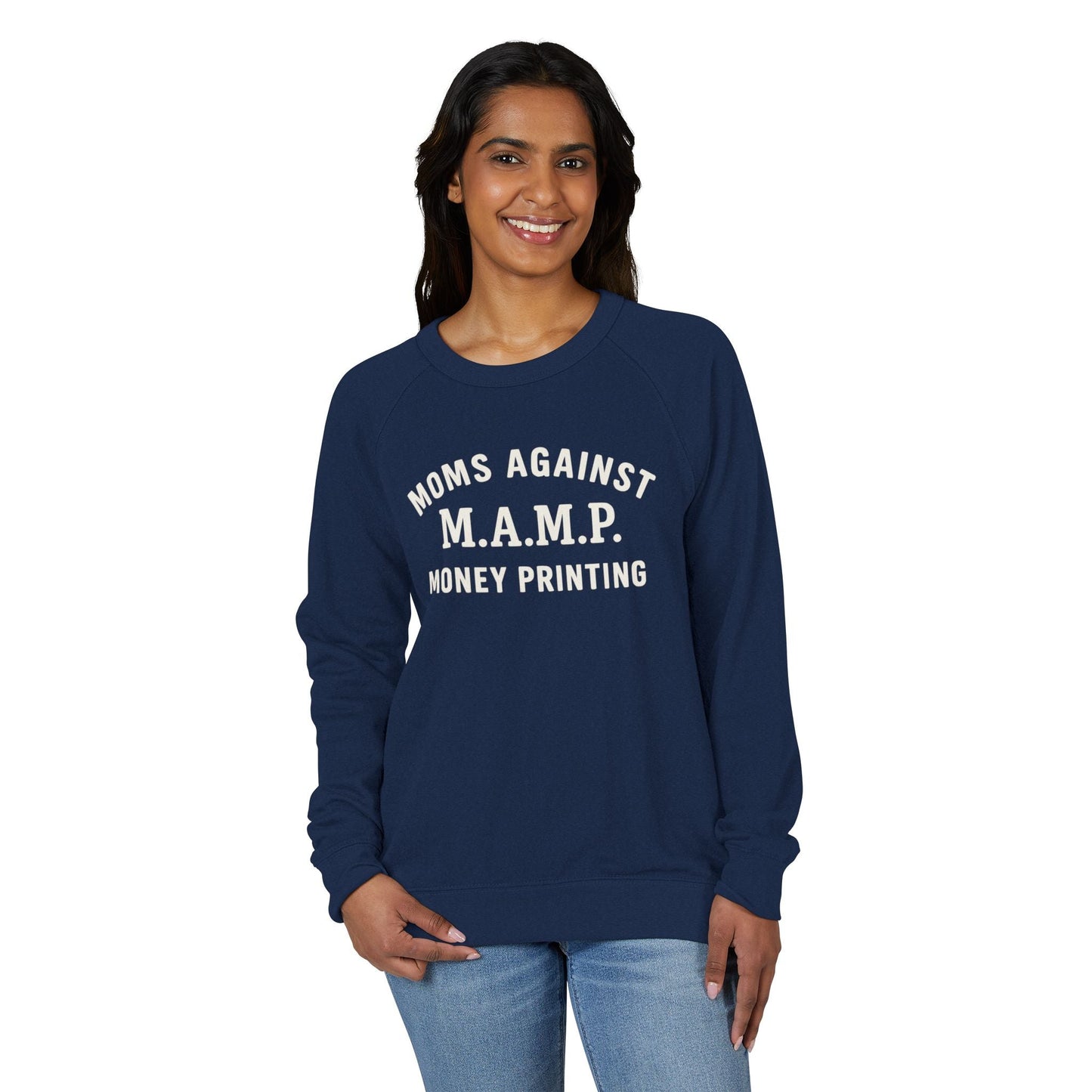 Woman wearing a (navy) blue sweatshirt with text on a white background