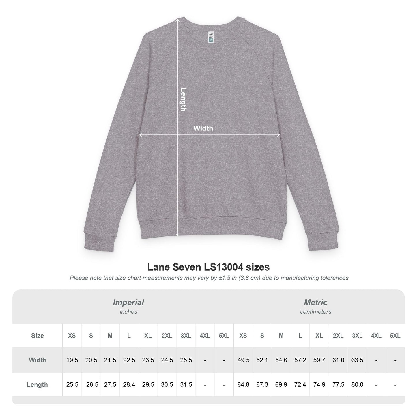 (Heather Charcoal) sweatshirt with size chart on a white background