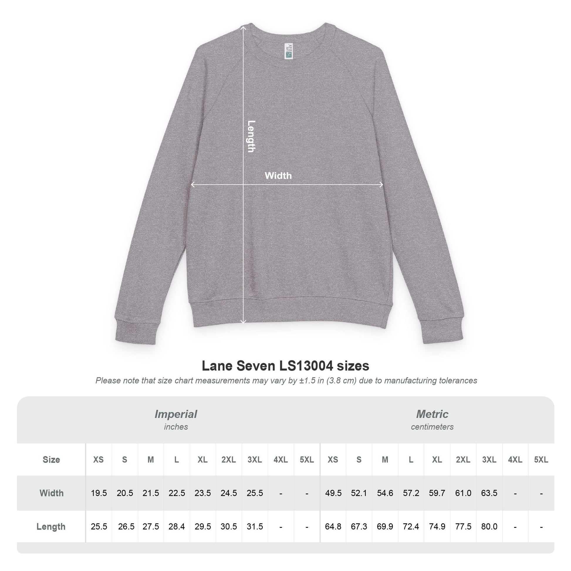 (Heather Charcoal) sweatshirt with size chart on a white background
