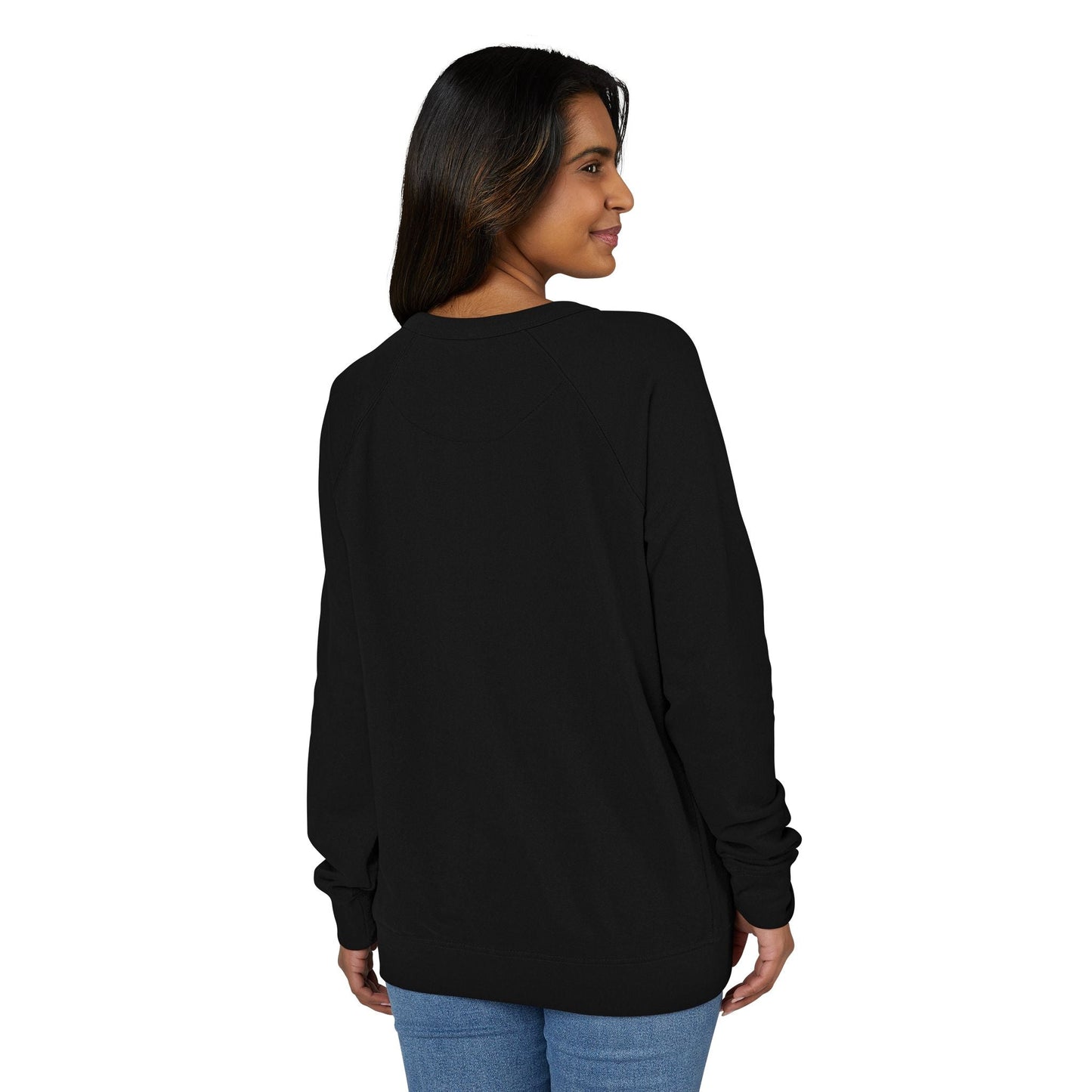 Woman wearing a (black) long-sleeve shirt on a white background