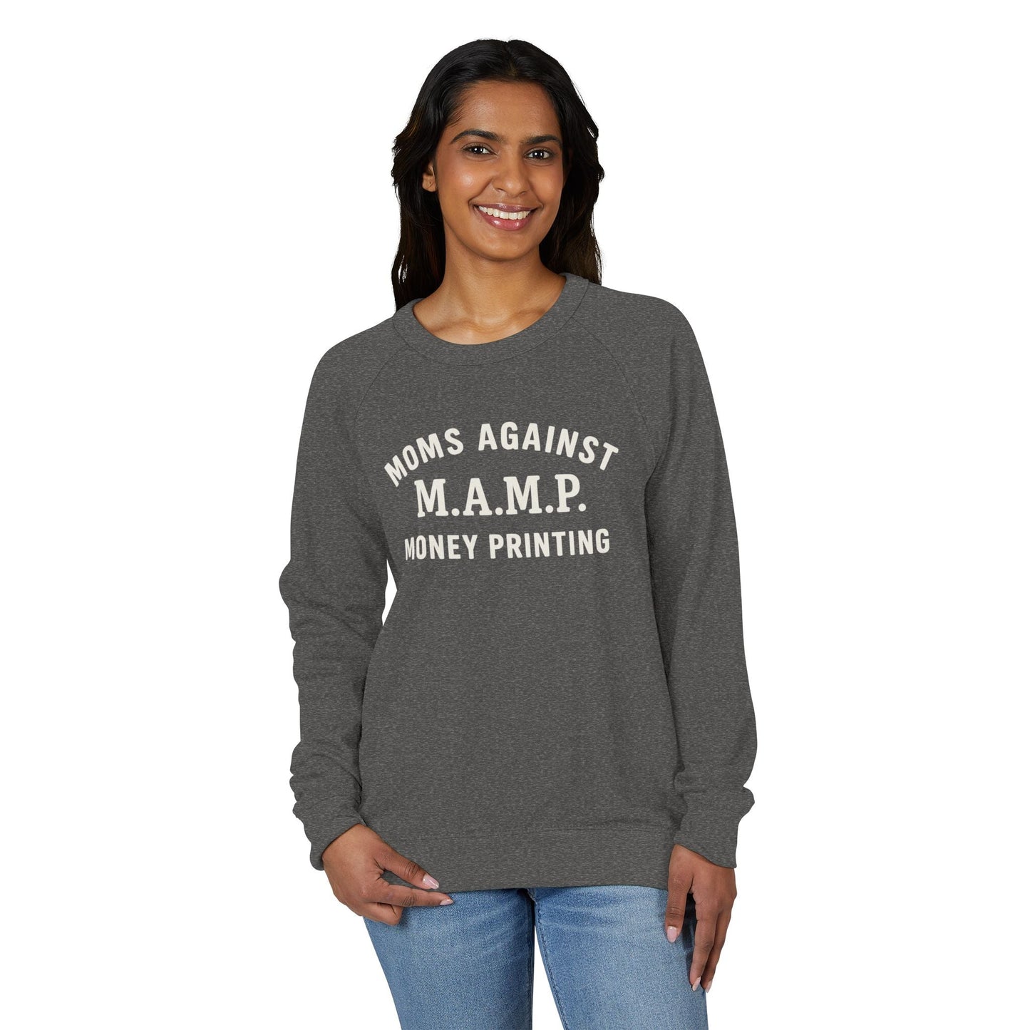 Woman wearing a gray sweatshirt with text on a white background (Charcoal Heather)
