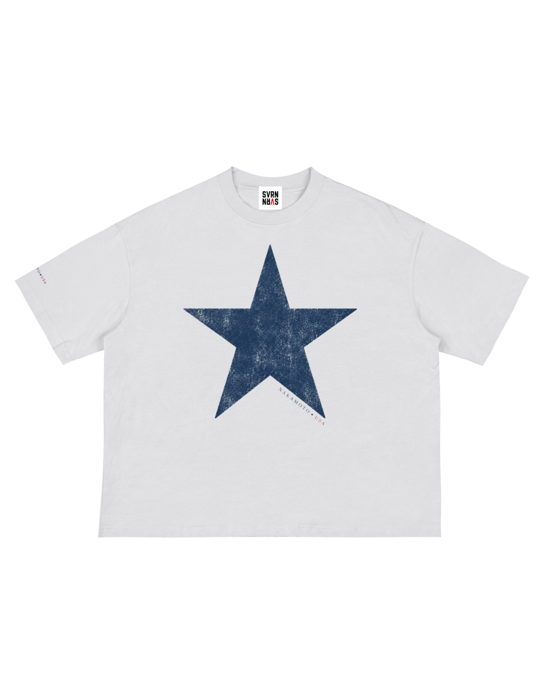 White Satoshi Nakamoto USA t-shirt with a blue star design on a white background