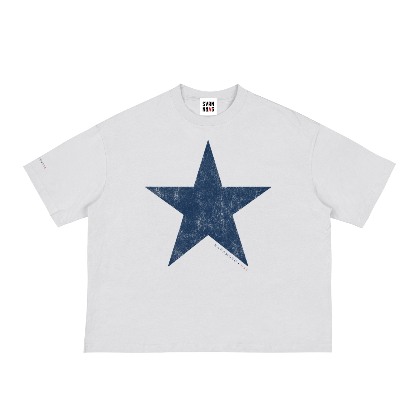White Nakamoto USA t-shirt with a blue star design on a white background