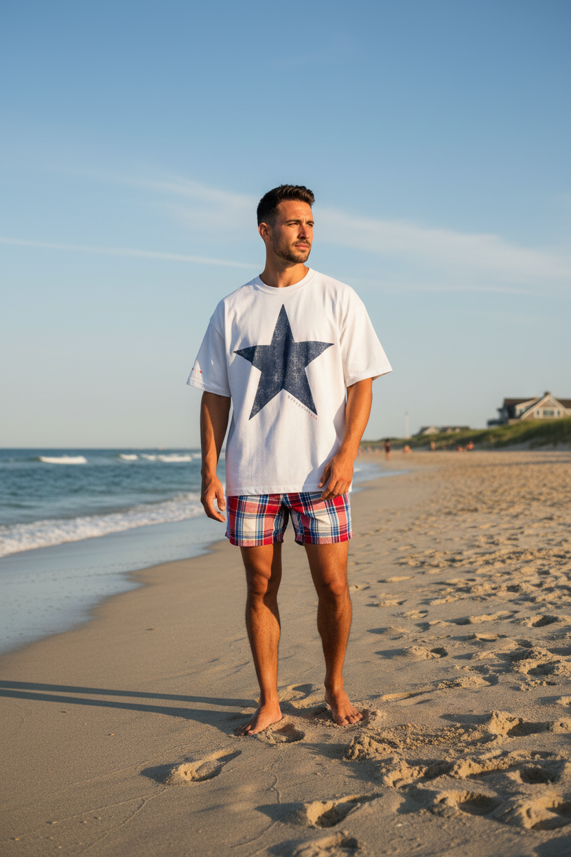 Man standing on a beach wearing a white t-shirt with a blue star and red plaid shorts.